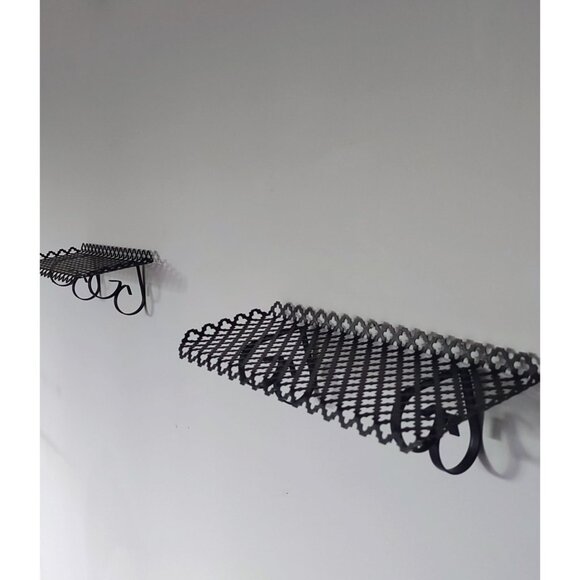 Vintage 1970s Pair of Black 14" Long Metal Clover Lattice Cutout Shelves - Picture 7 of 16